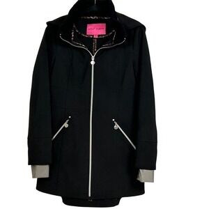 Betsey Johnson S Black Soft Shell Rain Jacket Hooded Silver Zip Pockets Coat